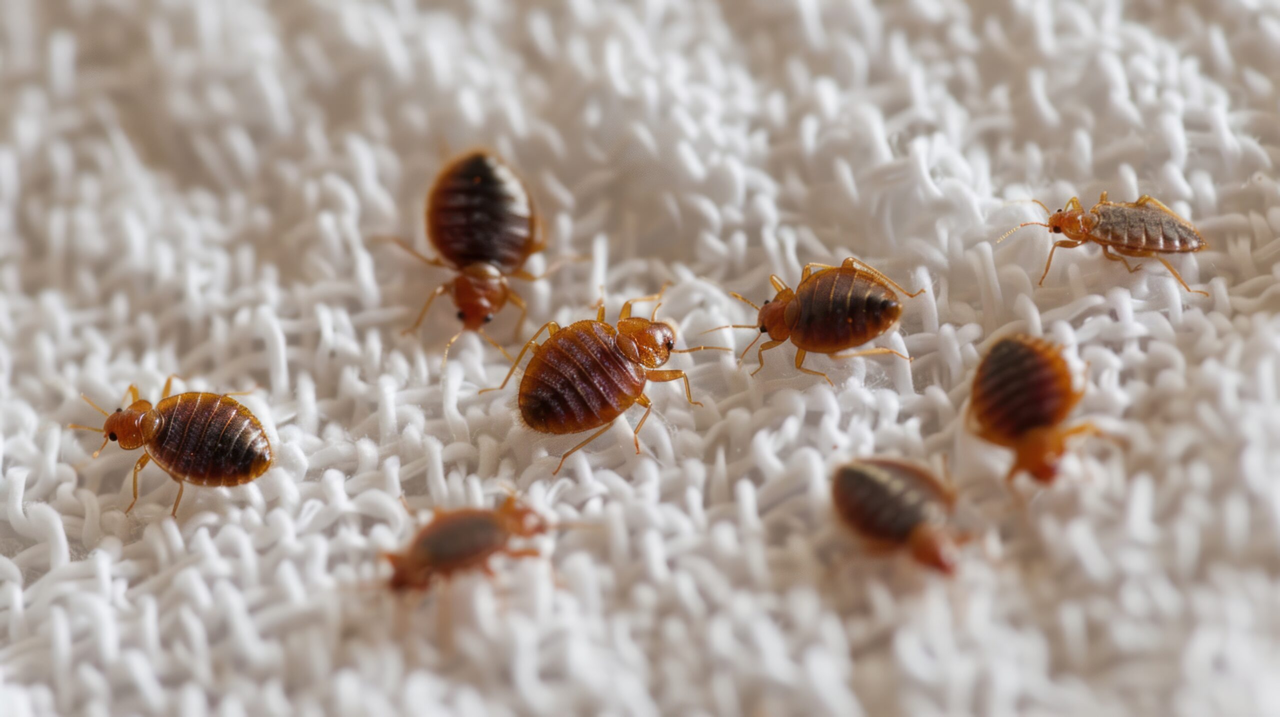 A bedbug colony visible on a white bed sheet in a bedroom when viewed from the top.